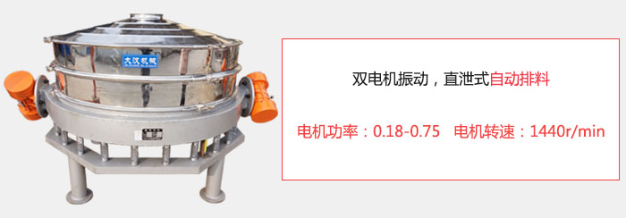 雙電機(jī)振動(dòng)，直泄式自動(dòng)排料電機(jī)功率：0.18-0.75   電機(jī)轉(zhuǎn)速：1440r/min。