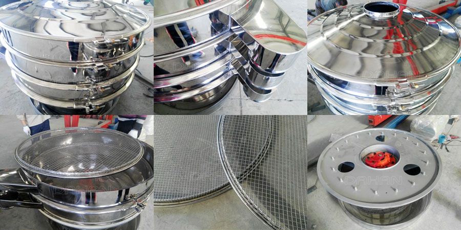 圓形振動篩結(jié)構(gòu)：出料口，底座，進(jìn)料口，篩網(wǎng)等部件展示圖