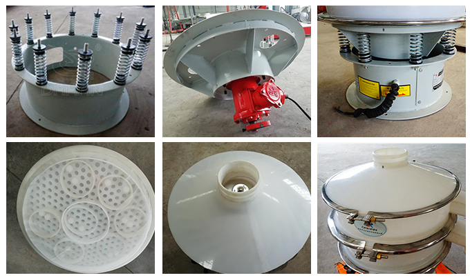 塑料振動(dòng)篩彈簧底座安裝，振動(dòng)電機(jī)安裝，篩網(wǎng)，防塵蓋等安裝圖片展示